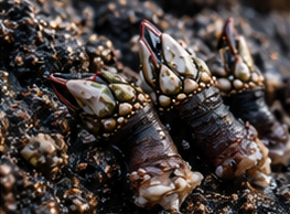 Detalle del percebe gallego en las rocas