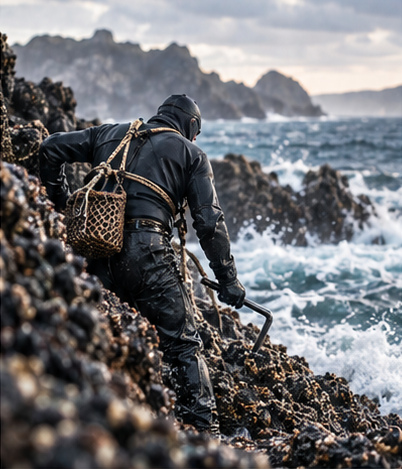 Percebeiro trabajando en la costa de Galicia
